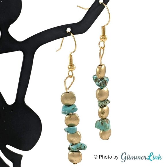 Teal & Matte Gold Stacked Beads & Chips Gold Plated Drop Earrings - Picture 1 of 5